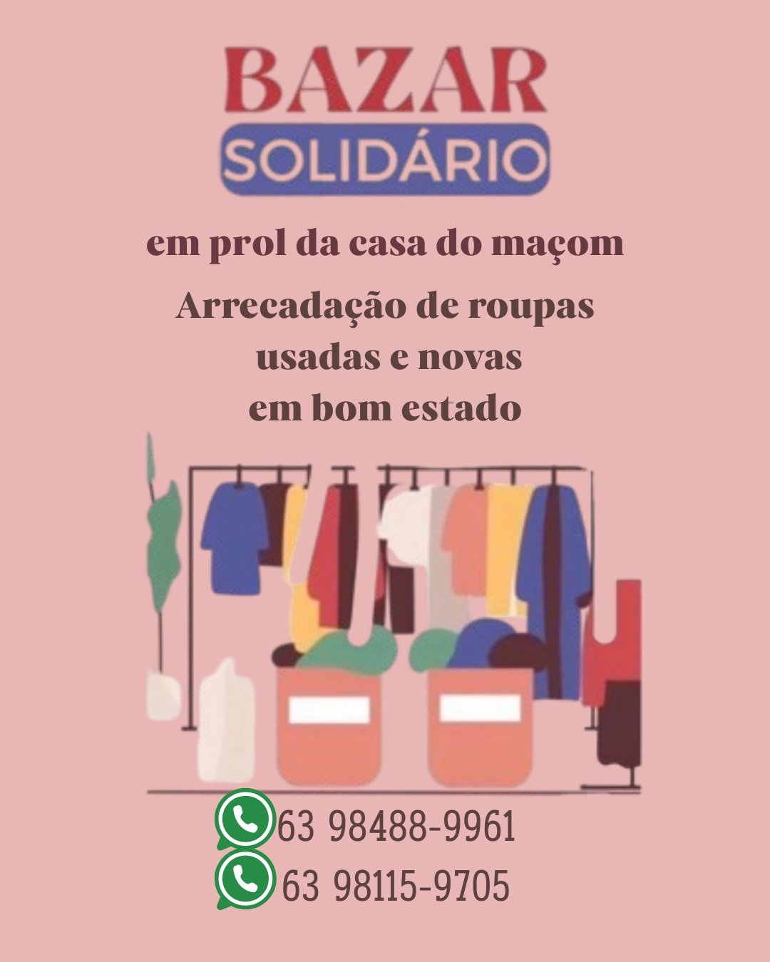 BAZARES SOLIDÁRIOS, nos meses de julho e setembro, serão revertidos em sacos de cimento para contrução da CASA DO MAÇOM DE APOIO AOS PACIENTES EM TRATAMENTO DE CÂNCER, DE PALMAS.