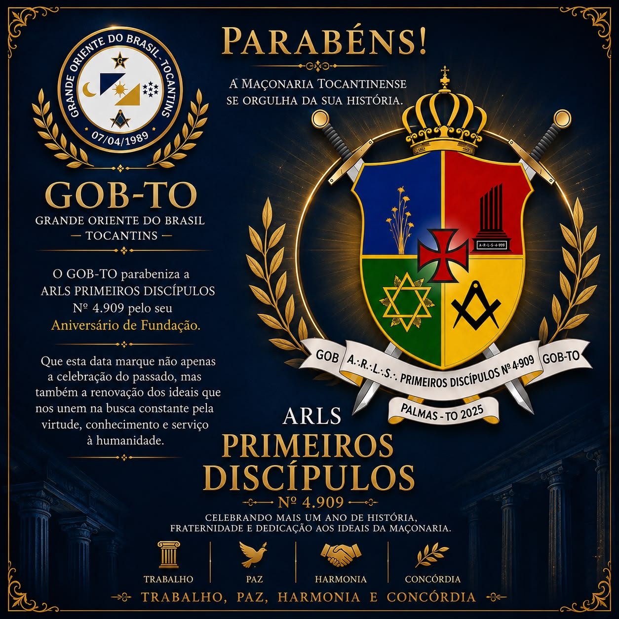 PARABÉNS A ARLS PRIMEIROS DISCÍPULOS Nº 4.909