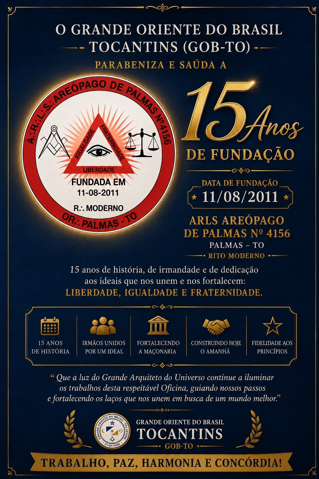 ARLS Areópago de Palmas nº 4156 celebra 15 anos de história