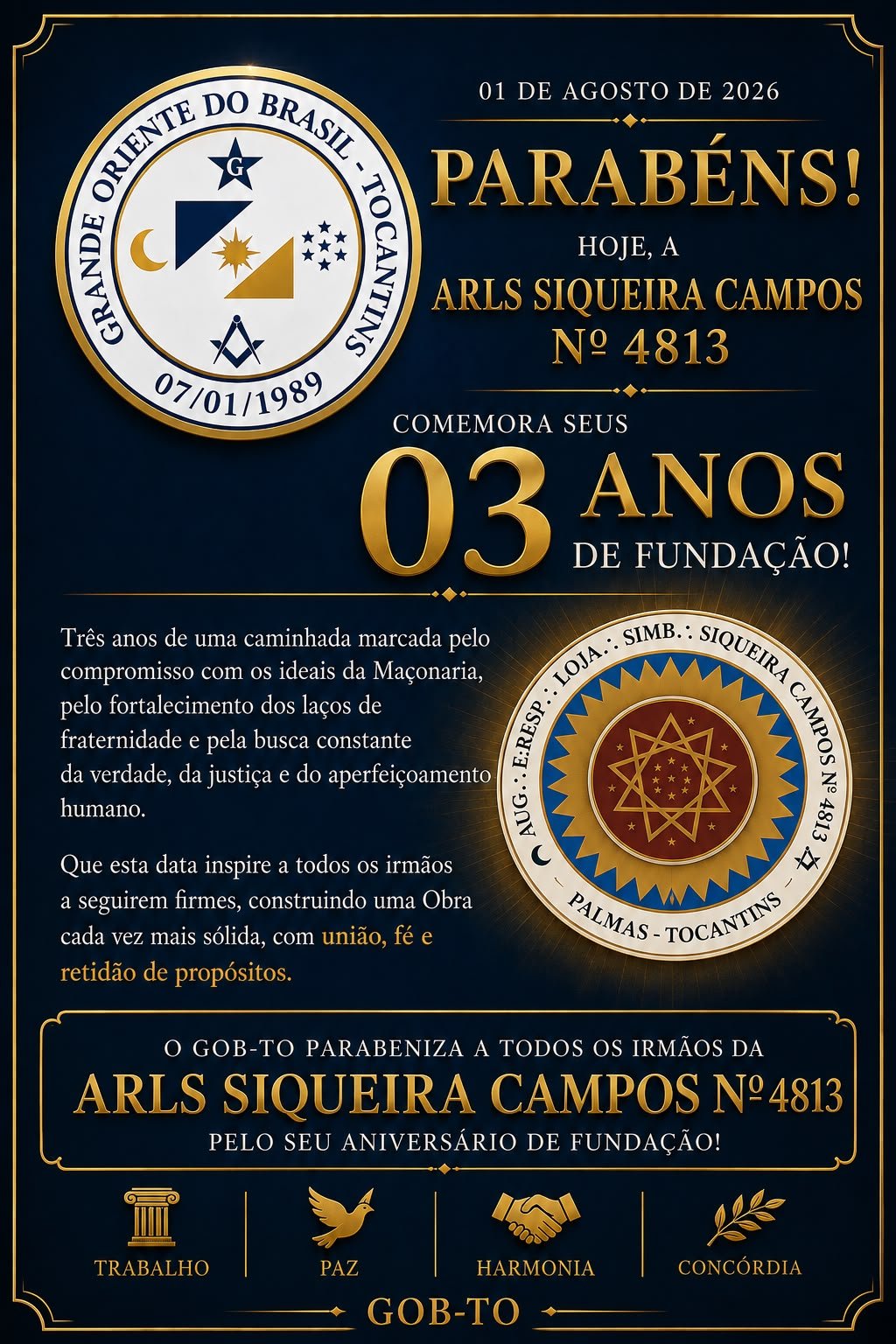 PARABÉNS A ARLS SIQUEIRA CAMPOS Nº 4.813