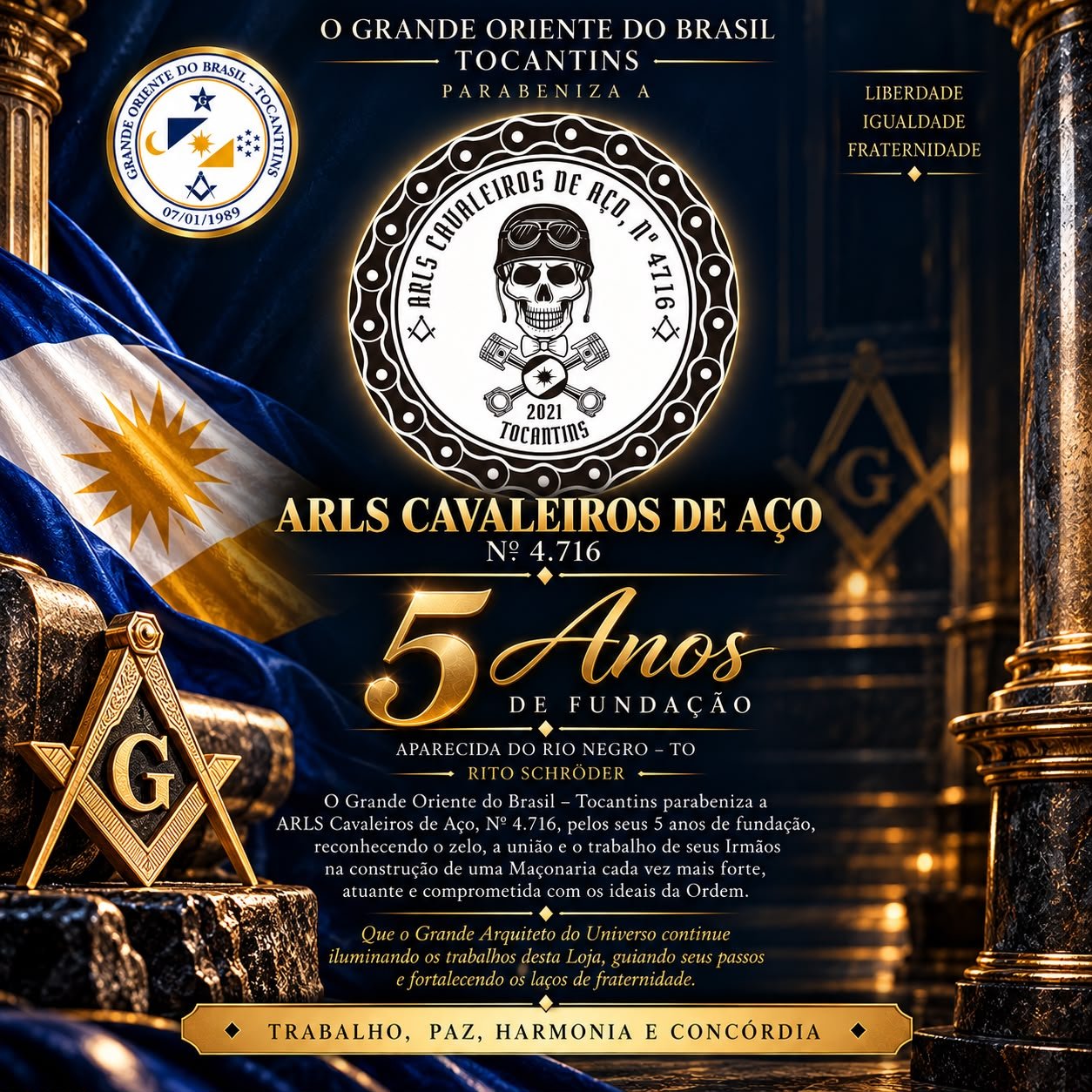 Parabéns à ARLS Cavaleiros de Aço nº 4.716 pelos seus 5 anos de fundação